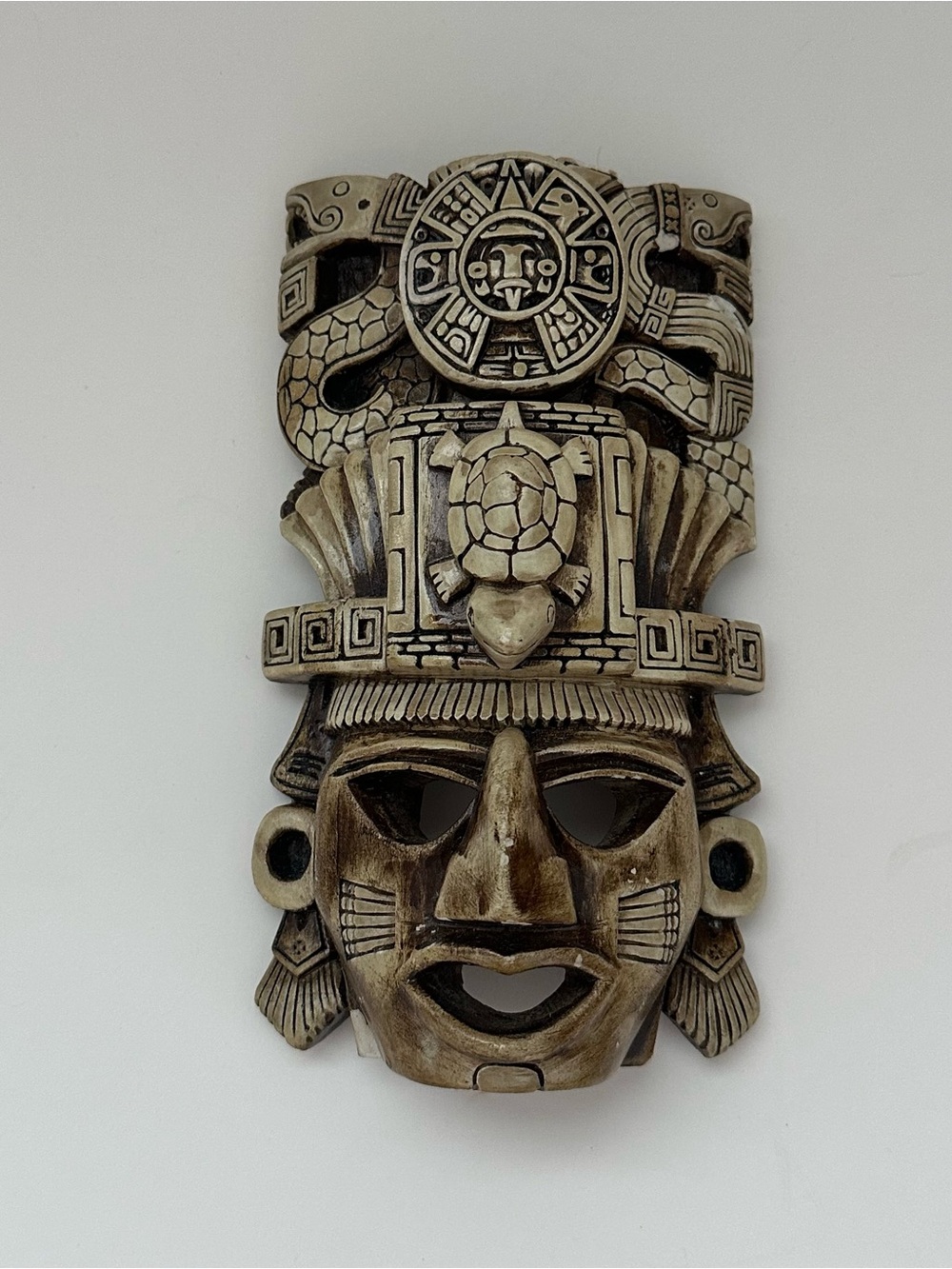 Handcrafted Ceramic Aztec-Inspired Wall Mask in Aged Ivory